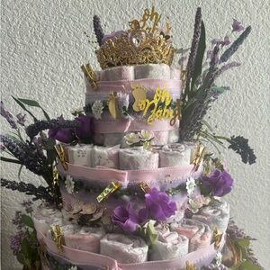 Princess Tea Theme Party 💜Lavender & Gold Diaper Cake with Crown Topper👑